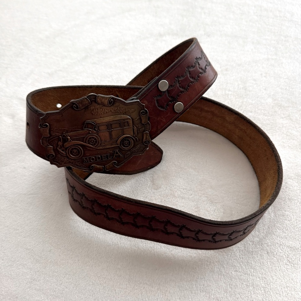 Vintage Brown Leather Belt w Bergamot Brass Works Model A Belt Buckle 36
